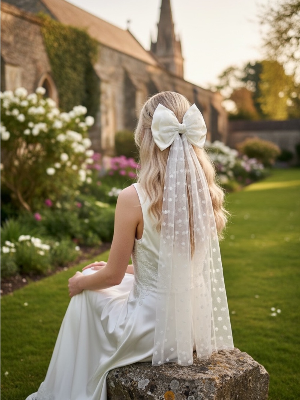 Elegant Oversized Ivory Satin & Embroidered Bow Veil with Long Tails. NWOT